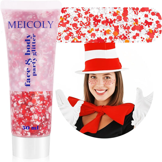 MEICOLY Red and White Face Body Glitter for Reading Week World Book Day,Cat Costume for Kids Girls Adults,Book Character Costumes for Kids,Cosplay Accessories for Halloween Festival