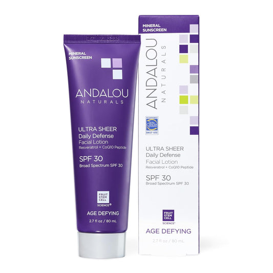 Andalou Naturals Age Defying Ultra Sheer Daily Defense Mineral Sunscreen SPF 30 | Face Lotion with Zinc Oxide | Lightweight Anti-Aging Sun Protection | 2.7 fl oz