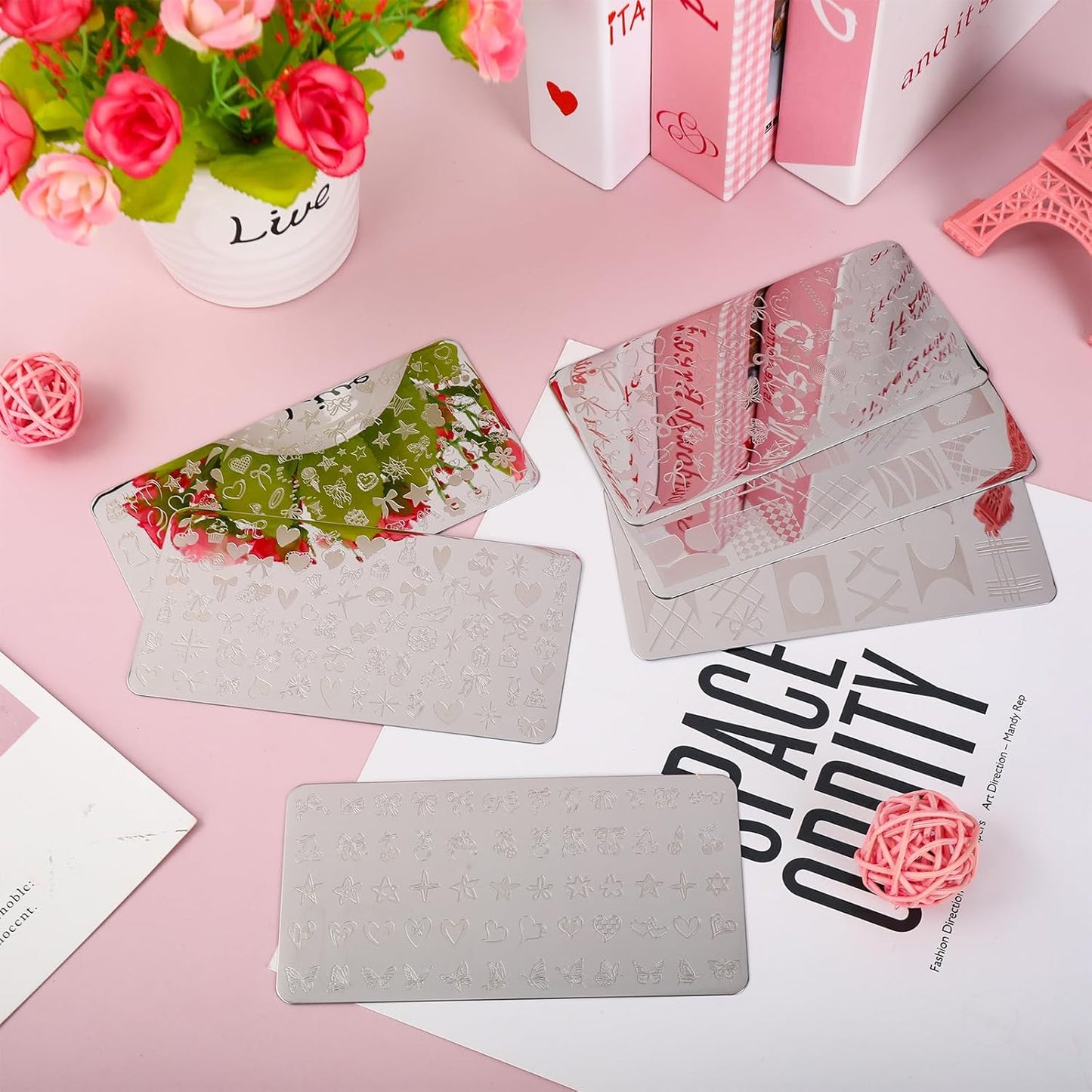 Whaline 6Pcs Coquette Nail Plates Stamping Set Bow Cherry Heart Stamp Templates Nail Art Plates for DIY Print Manicure Salon Design