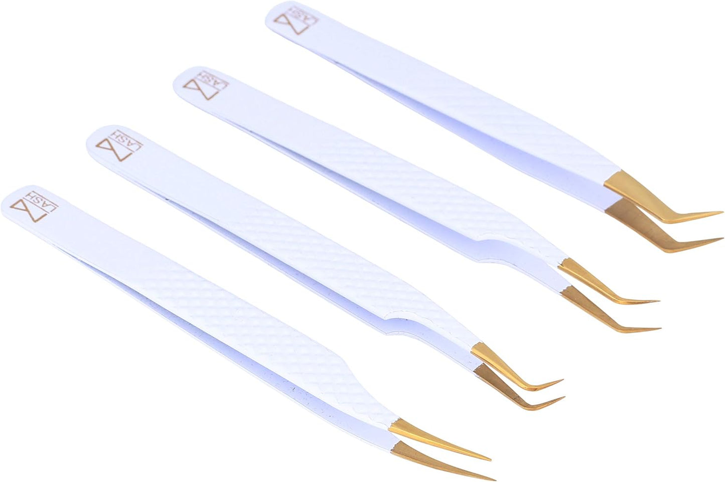 M LASH Eyelash Extension Tweezers (Set of 4) - Professional & Precision Lash Tweezers for Eyelash Extensions - Japanese Steel, Diamond Grip, Fiber Tip V3 (White)
