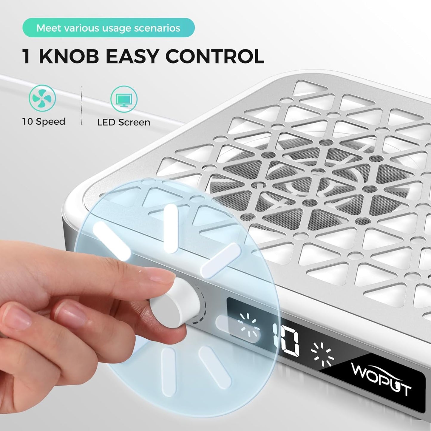 Professional Nail Dust Collector, 1600PA Portable, 10 Speeds, Disposable Filter Papers (30 Pcs), Matte White, Modern, Lightweight, Nail Vacuum for Home & Salon-White