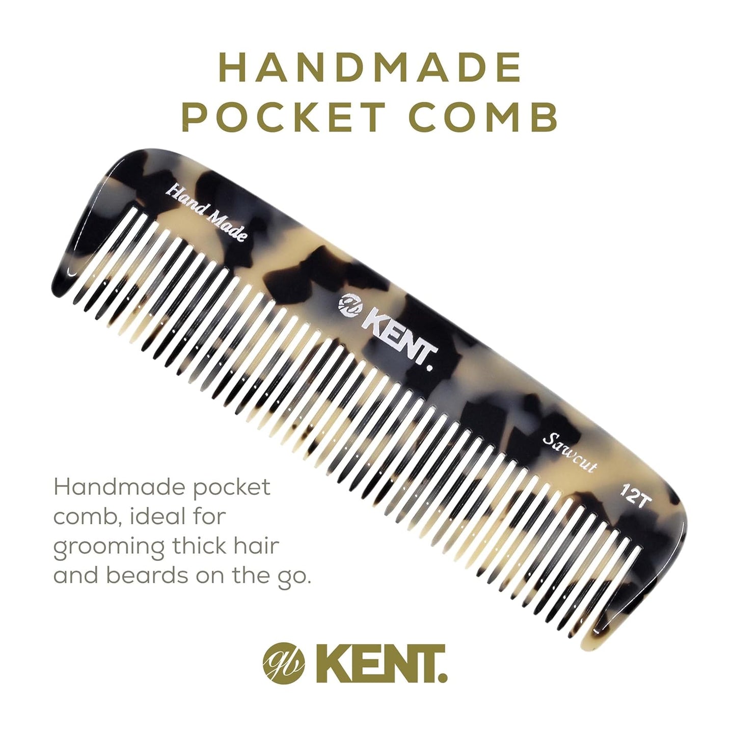 Kent 12T TW Wide Tooth Detangling Comb - Handmade Pocket Comb for Thick, Curly, and Wavy Hair Grooming - Large Tooth Detangler for Hair, Beard, and Mustache