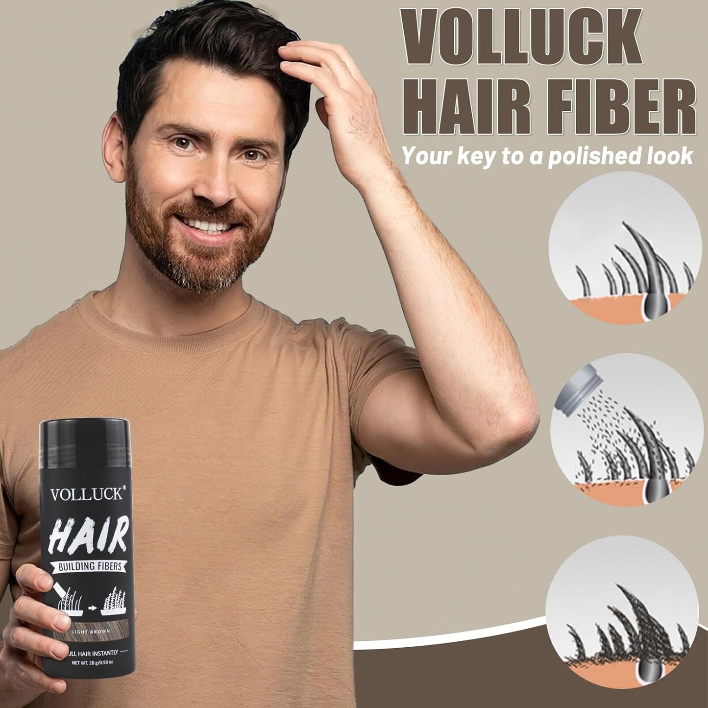 VOLLUCK Hair Fibers for Thinning Hair, Instant Coverage Hair Building Fibers for Women and men, Natural Hair Powder for Conceal Hair Loss 28 g (Light Brown)