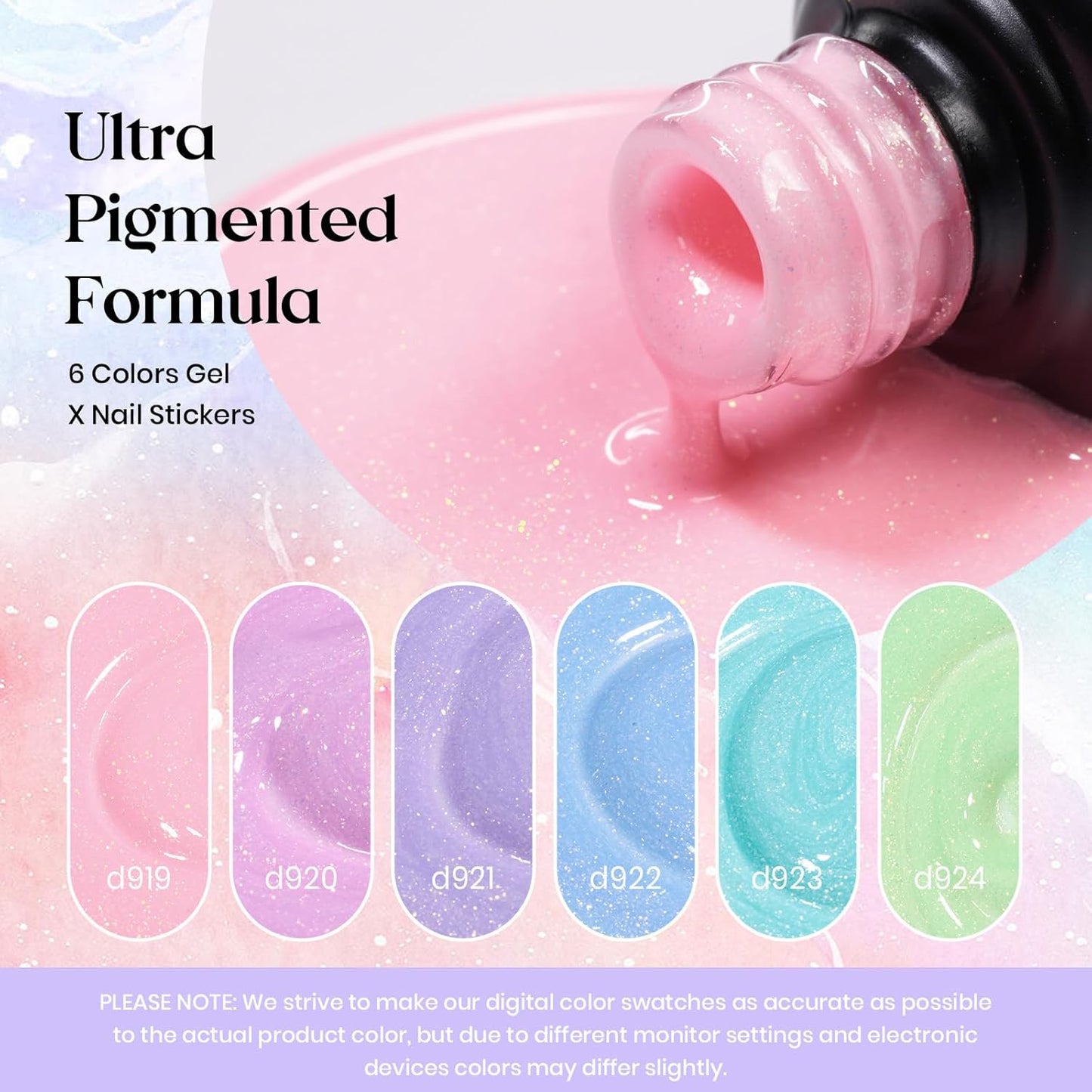 Beetles Shimmer Gel Nail Polish Set - 6 Colors Purple Glitter Blue Green Mermaid Pastel Nail Gel Drawing Soak Off Uv Led Needed with Pastel Sticker