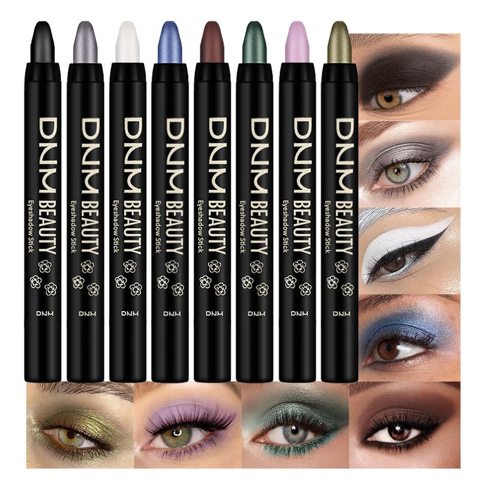 evpct 8Pcs Cream Eyeshadow Stick Set for Women, Black White Lavender Purple Matte Blue Chocolate Emrald Green Grey Shimmer, Silky Matte Shimmer Eyeshadow Applicator Sticks Eye Makeup sombras para ojos