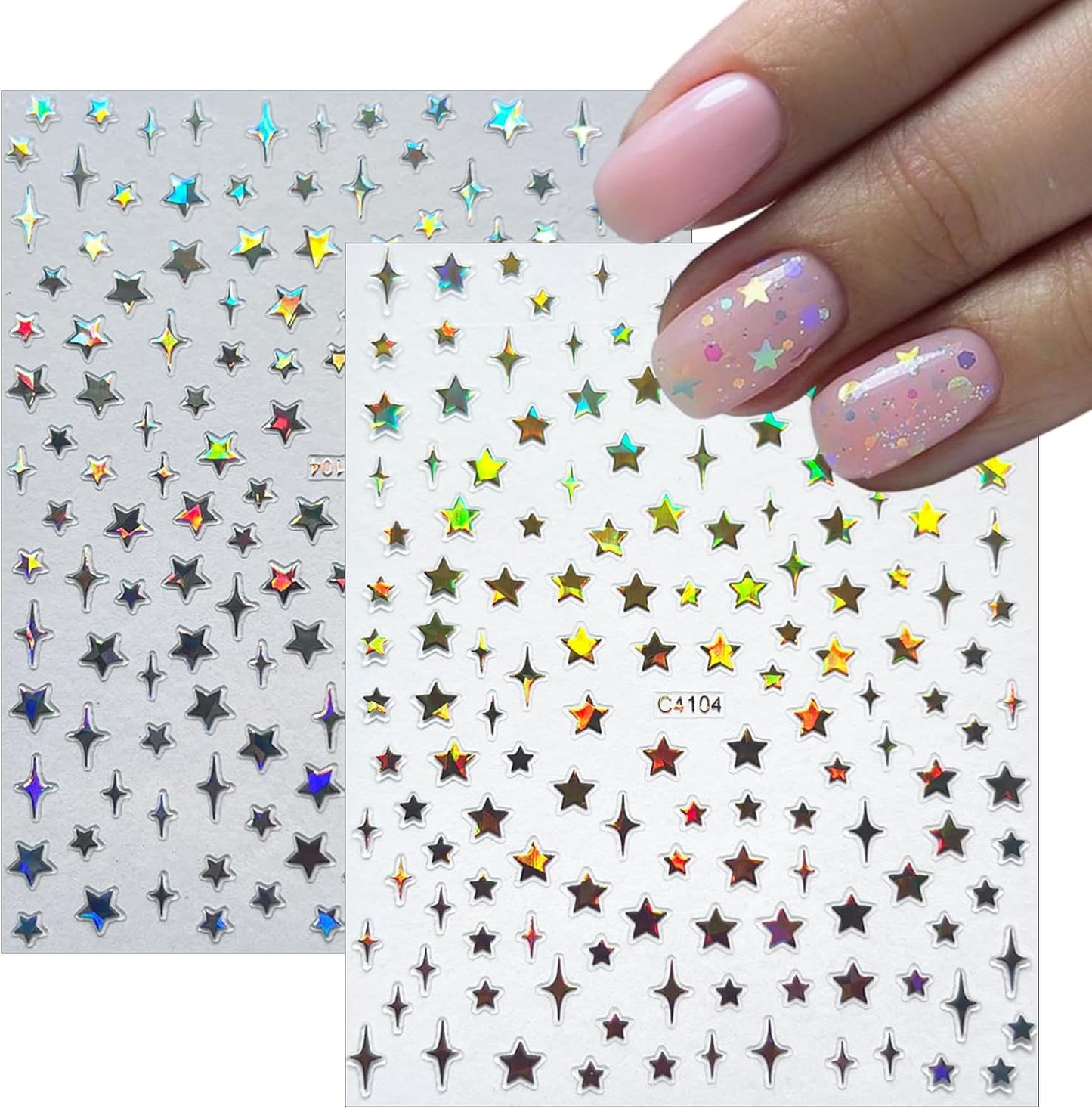 7Sheets Star Nail Art Stickers Decals 3D Self-Adhesive Shiny Black White Rose Gold Stars Nail Decals Holographic Laser Gold Silver Glitter Star Nail Design for Acrylic Manicure DIY Women Nail Decor