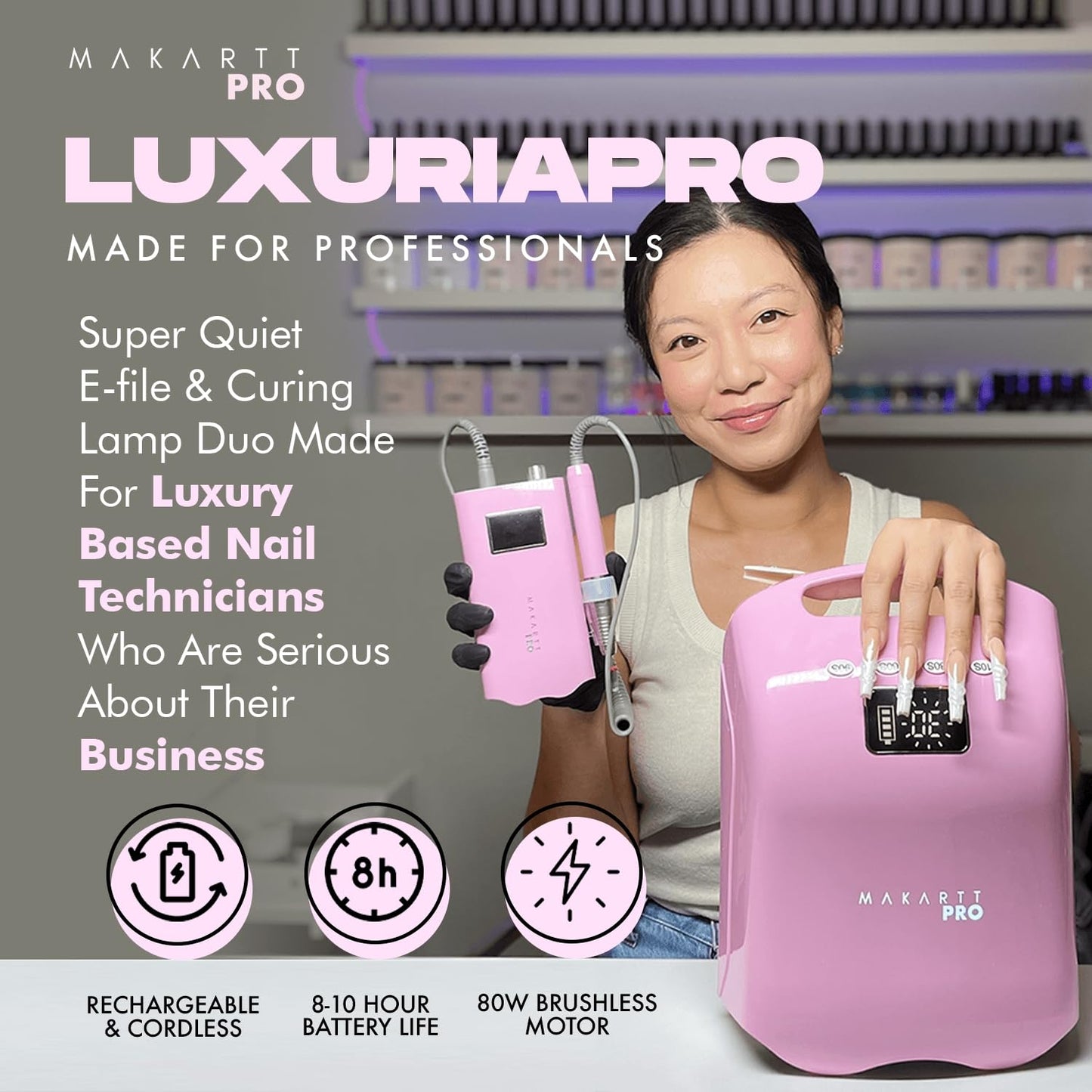 LuxuriaPro 35000 RPM Professional Nail Drill - 85W Brushless Motor | High Torque | Quiet & Vibration-Free | Portable, Rechargeable & Cordless Nail Drill for Technicians - Baby Pink