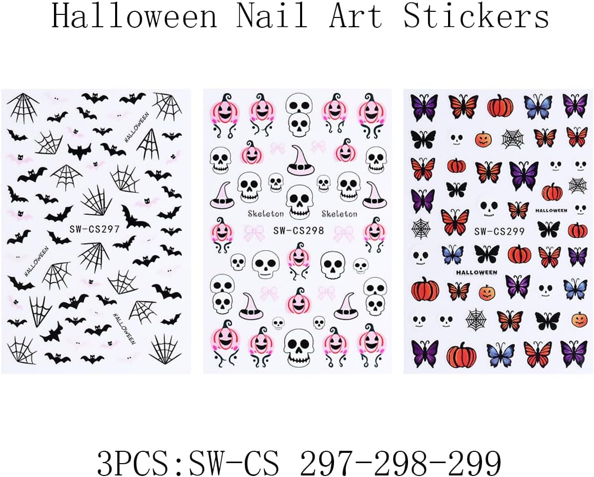 Halloween Nail Art Stickers Ghost Nail Decals 3D Horror Ghost Skull Spider Web Bat Pumpkin Butterfly Self-Adhesive Decals Designs Halloween Nail Supplies for Women Manicure Decorations 3 Sheets