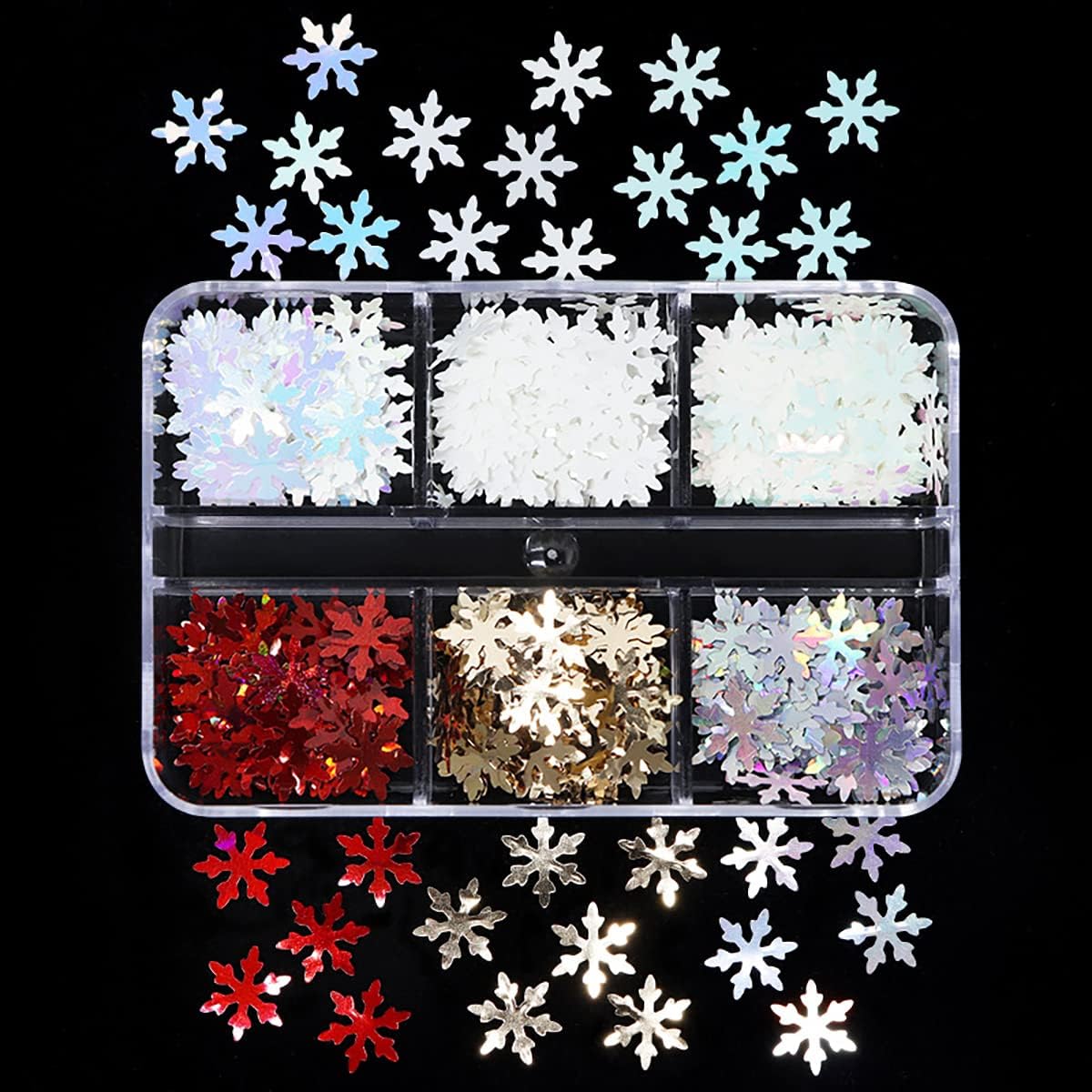 6 Grids Snowflake Nail Art Stickers Decals 3D Glitter Sequins Holographic Laser White Gold Silver Christmas Nail Art Flakes Winter Xmas Snow Glitter