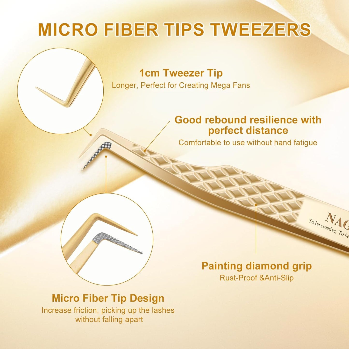 NAGARAKU Precision Fiber Tip Tweezer for Eyelash Extensions Diamond Grip Anti-Static Anti-Slip Premium Stainless Steel Pointed Volume Eyelashes Tweezers with Box -85 Degree Long Tip Tweezer AG-12