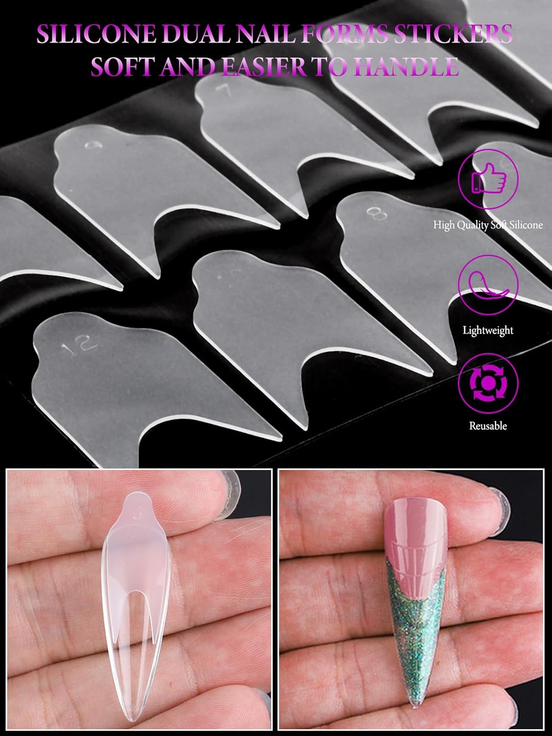 EBANKU French Nail Forms, 144 PCS Silicone Tip Stickers for Dual Nail Forms, Reusable Pads for Poly Gel Nail Mold, Manicure