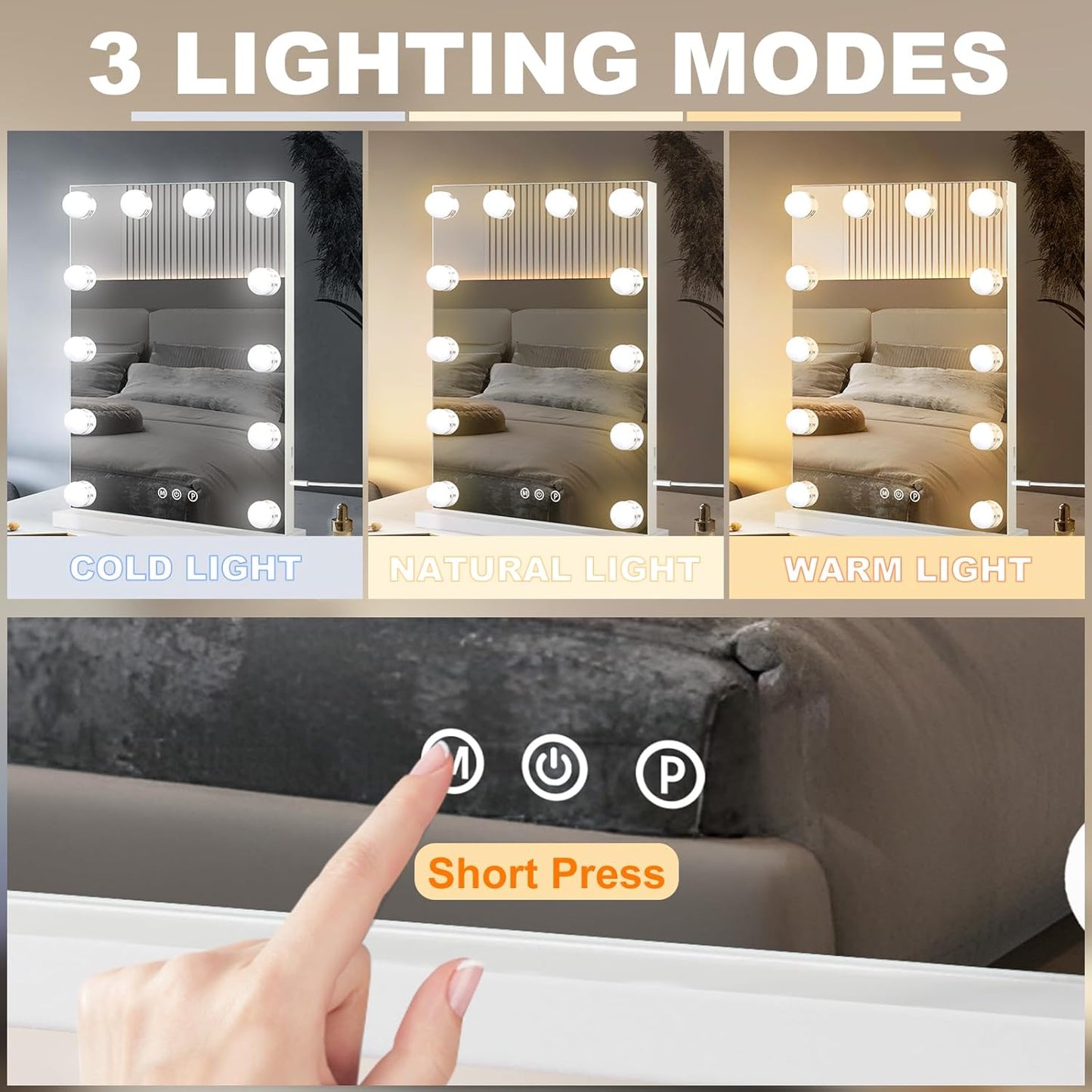 Hollywood Vanity Mirror with Lights, 12 Dimmable Bulbs, 3 Color Lights,Make Up Lighted Mirror, Aluminum Metal Frame, USB Charging Port（14" x 18"）