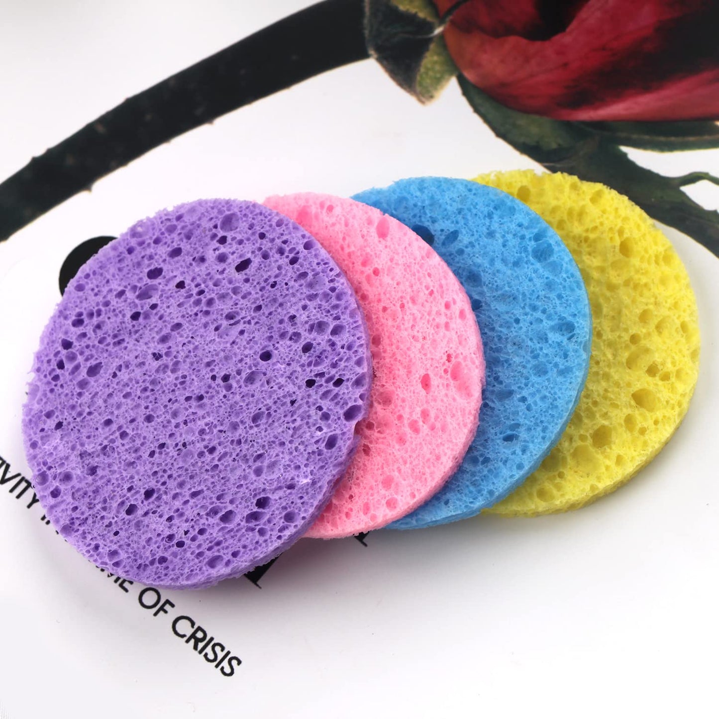 100-Count Facial Sponges - Natural Cellulose, Round Shape - Face Cleansing, Exfoliating, Makeup Removal - Blue, Yellow, Purple, Pink