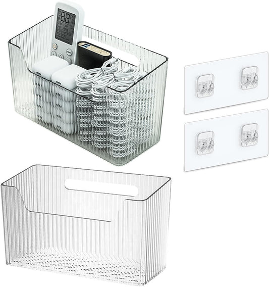 Set Of 2 Storage Organizer Bins Wall Mounted Shower Basket, Shower Caddy Stackable Clear Plastic Makeup Organizer Adhesive Hanging Bin for Bathroom, Kitchen, Cabinet, Pantry, BPA Free, Clear