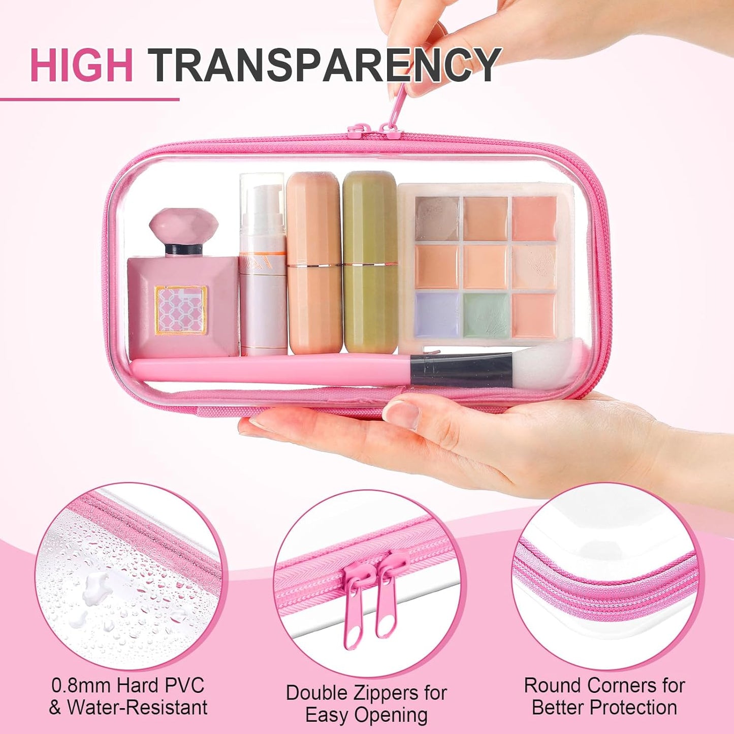 Hoolerry 4 Pcs Hard Clear Zipper Case Makeup Bags Plastic Pencil Pouch Transparent Storage Box Containers for Cosmetics, Snacks, Building Blocks, Puzzles(Pink,7.5 x 3.9 x 2 in)
