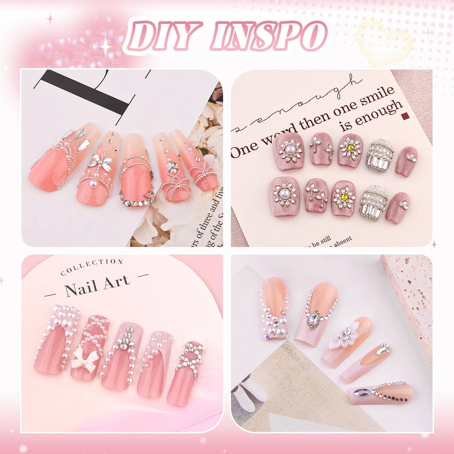 Flatback Pearls (White), Metal Nail Beads (Silver), and Glass Rhinestones (Clear) for Nail Art, Charms, and Round Caviar Beads - Multi Shapes Crystals Gems for Manicure Decor