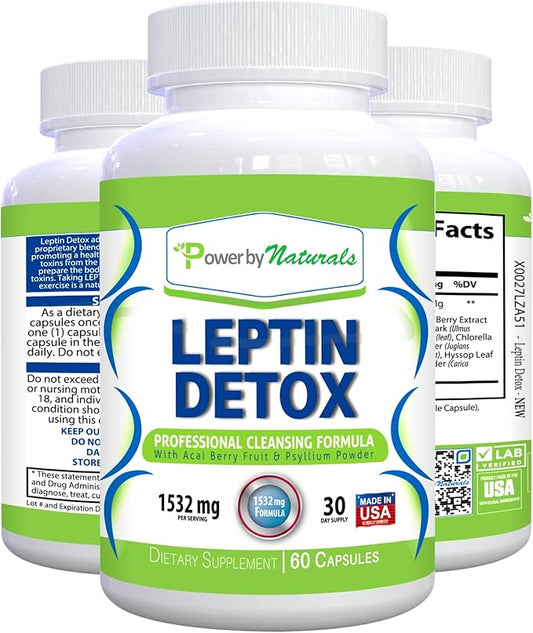 Power By Naturals Leptin Detox Cleanse for Reduce Weight - Natural Gut & Colon Cleanser, 1532mg, Acai Berry Cleanse for Men & Women, 60 Capsules, USA-Made