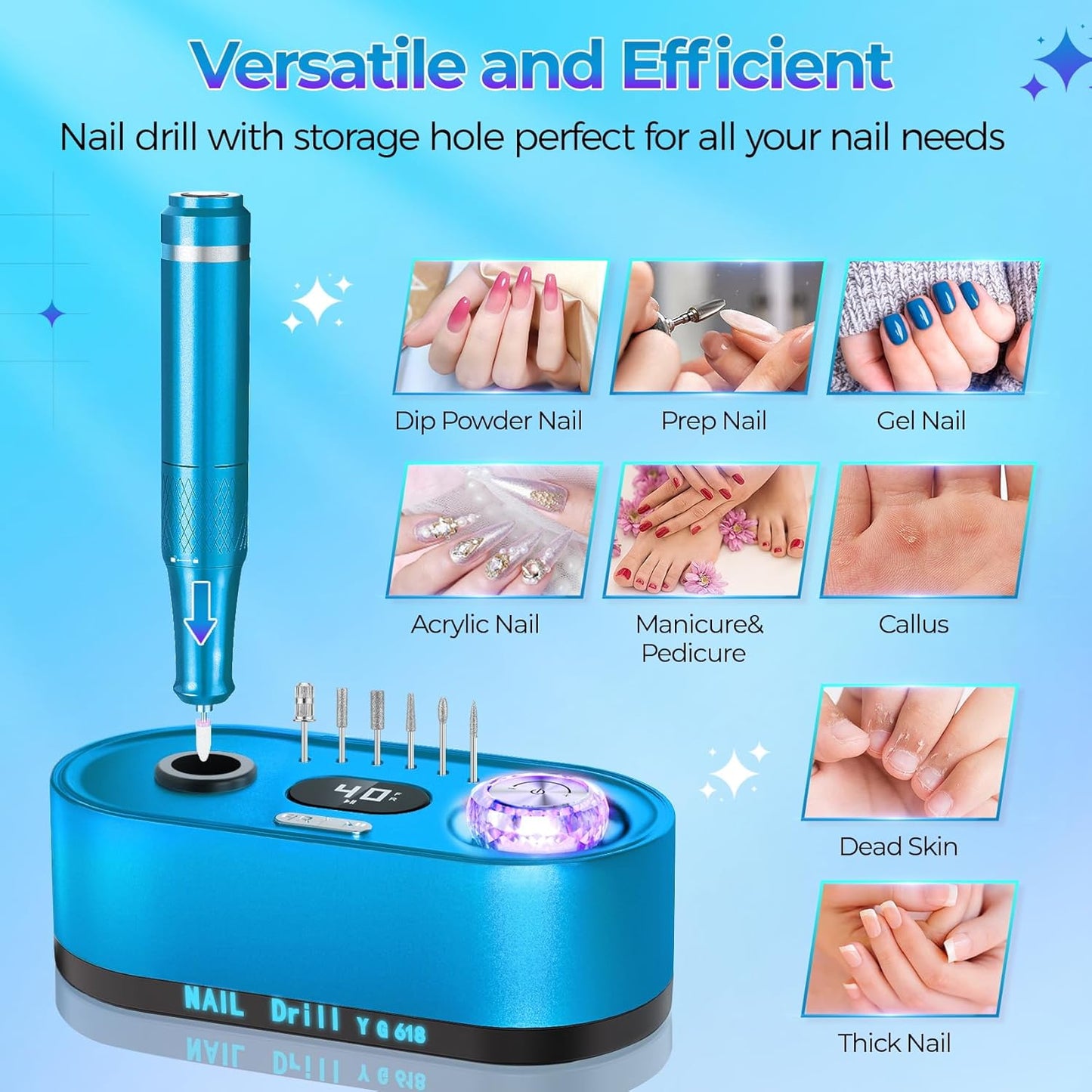 Nail Drill Electric File: 40000RPM Professional E File Kit E File Machine Filer for Shaping, Buffing, Removing Acrylic Gel Nails, Manicure Pedicure Kit with 12Pcs Nail Bits, Home Salon Use
