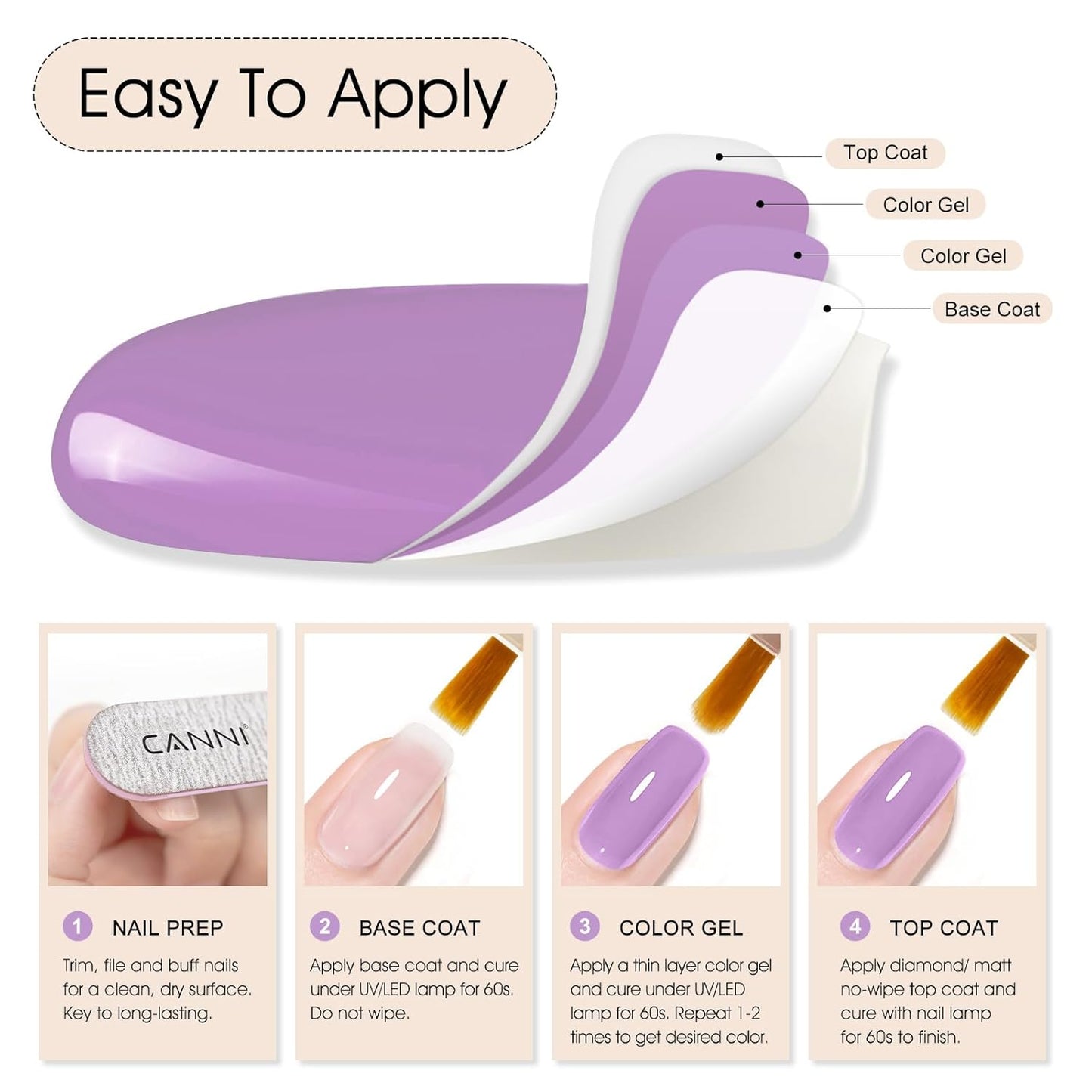 CANNI Purple Wisteria Nail Gel Polish – High Gloss Soak Off UV LED Gel, Long-Lasting Salon Manicure DIY Nail Art Gel Polish For Women