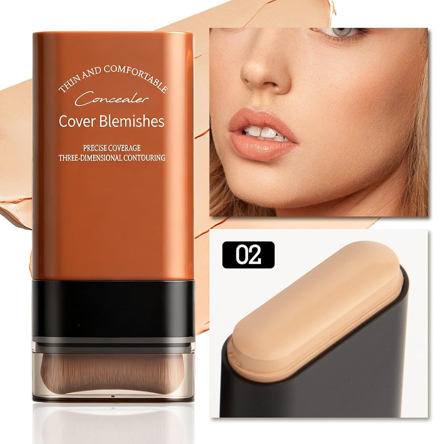 Face Foundation Concealer Stick,2-in-1 Long-wear Lightweight Contour Brighten Stick Blemish with Brush, Waterproof, Hydrating Full Coverage Dark Circles & Blemishes (02#Natural)