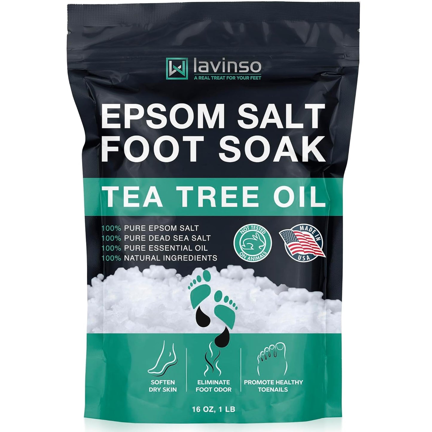 Tea Tree Oil Foot Soak with Epsom Salt - Made in USA - for Toenail Health, Athletes Foot, Stubborn Foot Odor, Softens Calluses & Soothes Sore Tired Feet - 1 LB
