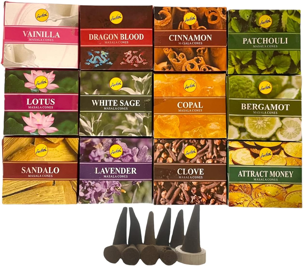 Sreevani Natural Masala Incense Cones and Holder Bundle, 120 Cones Total, Assorted #1