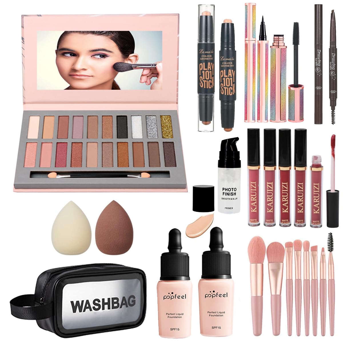 All in One Makeup Kit, Includes 20 Colors Eyeshadow Palette, RUIGPRO Foundation & Face Primer, Makeup Brush, Makeup Sponge, Eyebrow Soap, Winged Eyeliner Stamp, Gift Set for Women, Girls & Teens