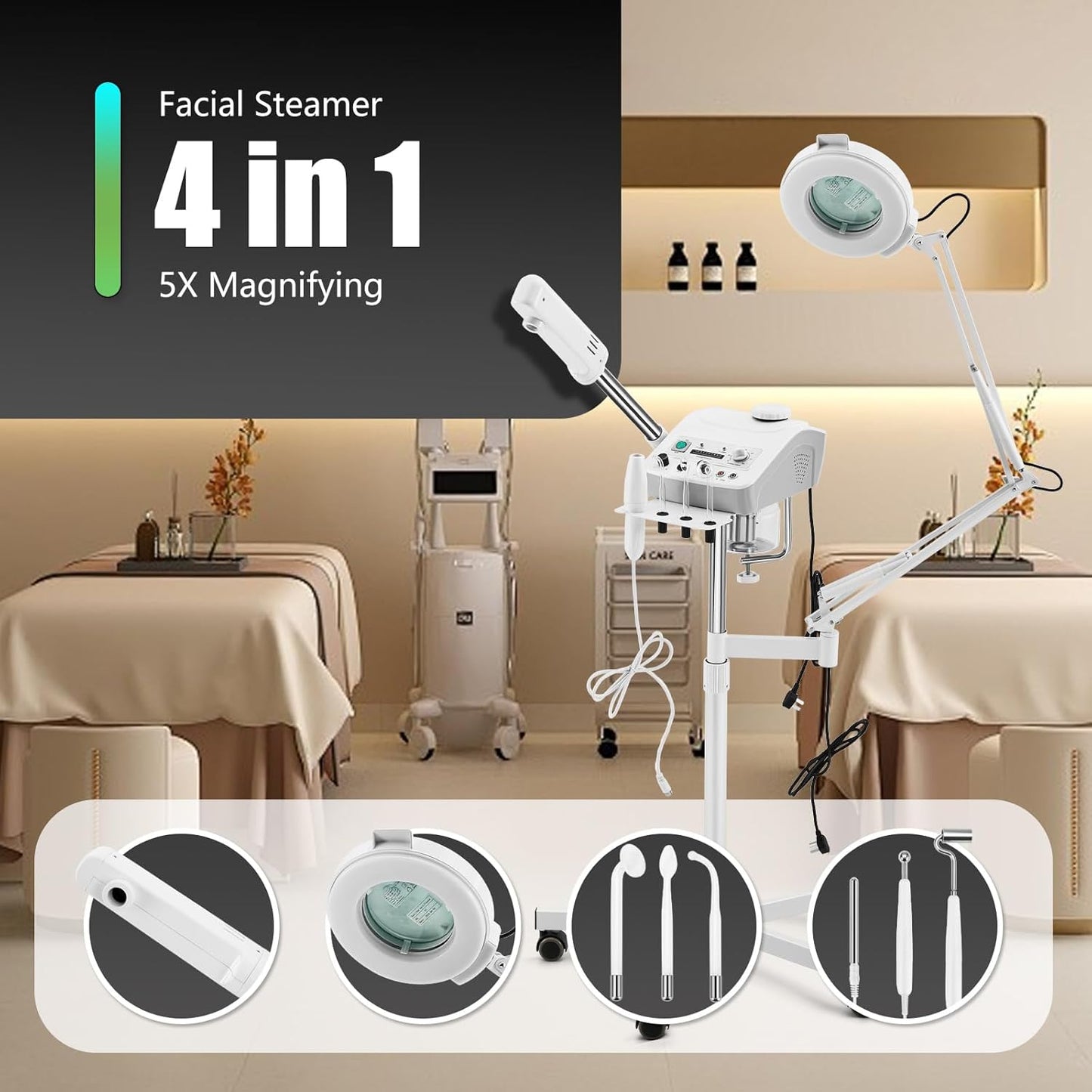 Professional 4in1 Ozone Face Steamer for Deep Hydration with Magnifying Lamp, High Frequency Galvanic for Beauty Spa Shop