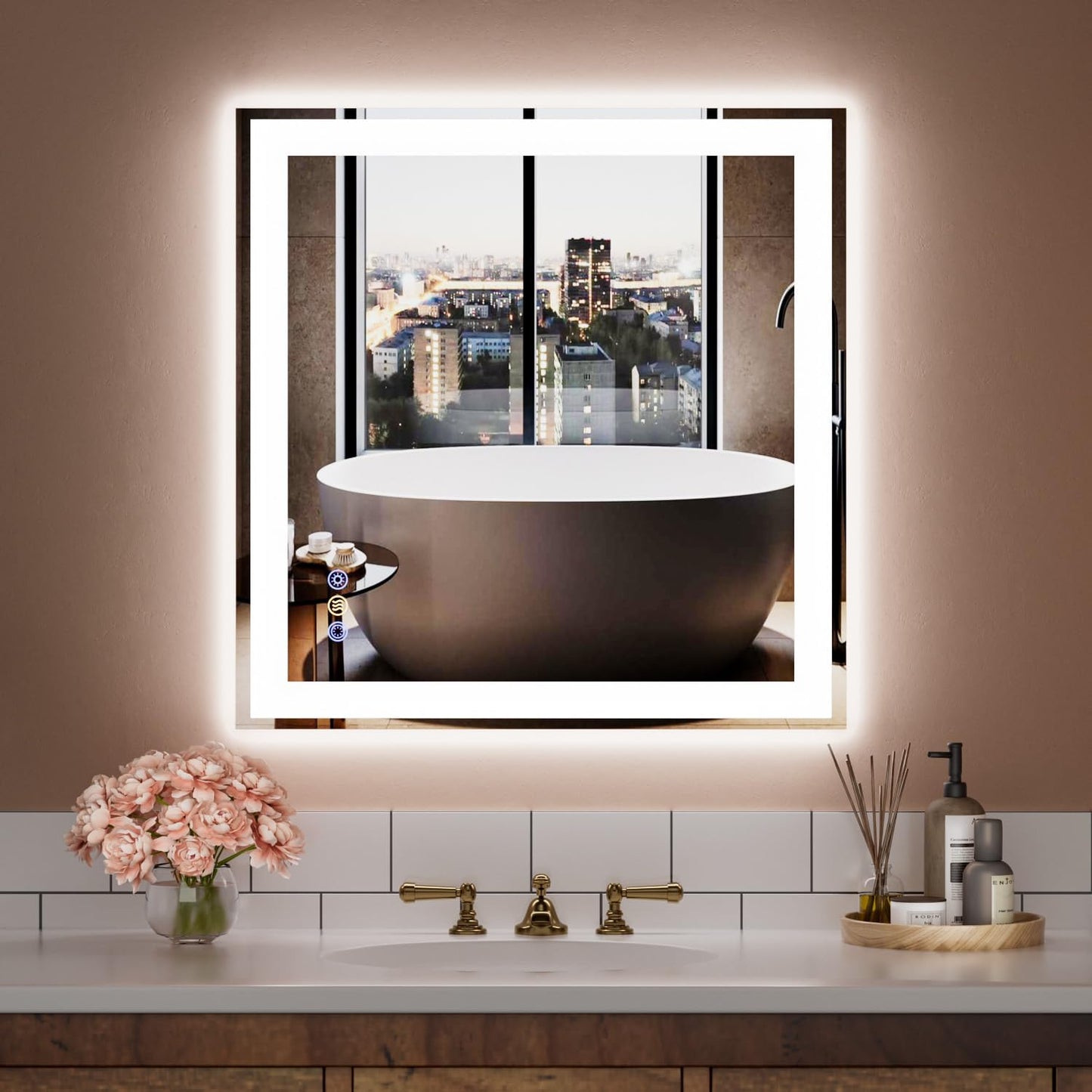 36"x 36" LED Bathroom Mirror, 3 Colors Vanity Mirror with Lights, Front and Backlit Bathroom Mirror with Lights, LED Smart Mirror for Wall, Tempered Glass, Anti-Fog, Stepless Dimmable, Memory(UL ETL)