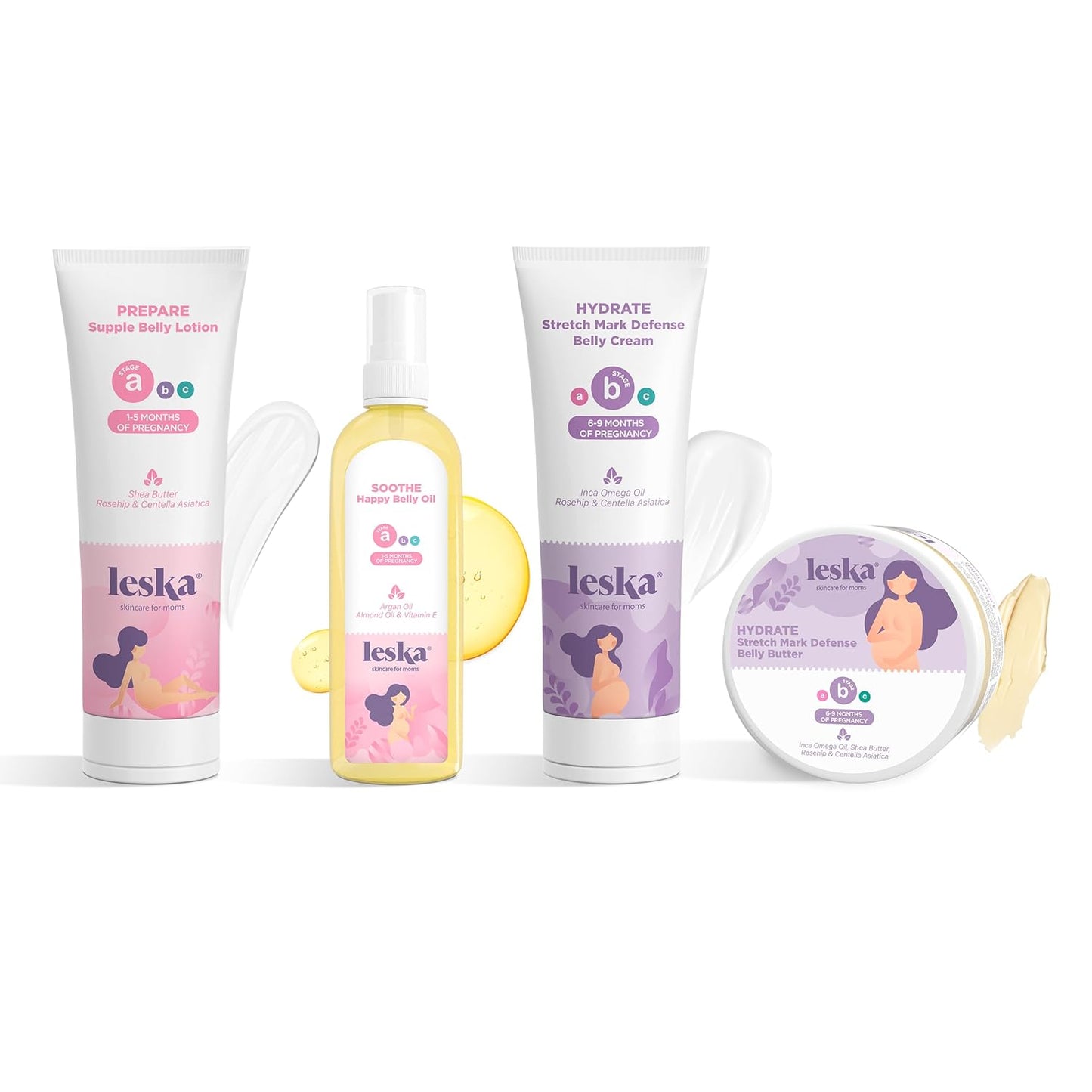 Leska Pregnancy Stages A & B Set | Belly Lotion, Belly Oil, Stretch Mark Defense Cream & Belly Butter | Pregnant Mom Months 1-9 | Part of Complete 3-Part Pregnancy Skincare System (Set of 4, 4-4.93oz)