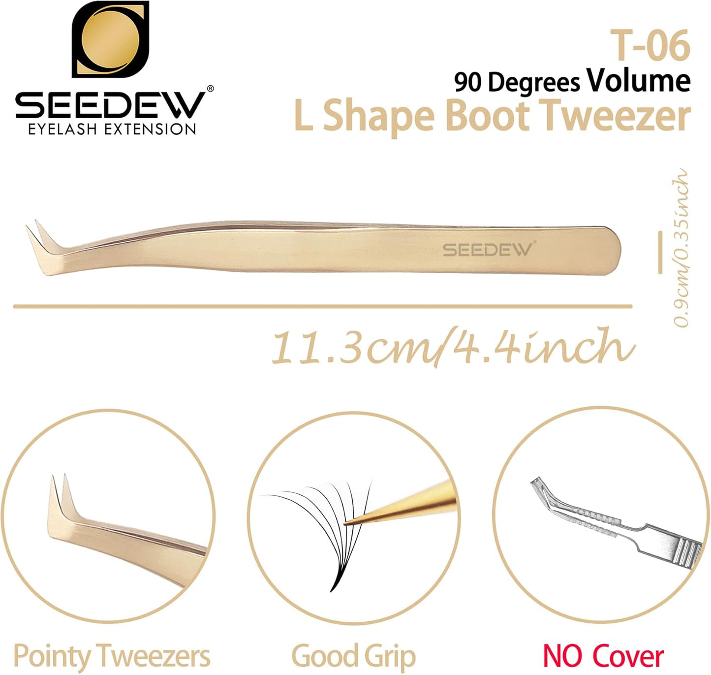 Tweezer Eyelash Extensions 1 PCS Stainless Steel 90 Degree Pointy Boot L Shape Tweezer Isolation Professional Precision Supplies Application Tools for Lash Tech Artist Beginner(Golden)