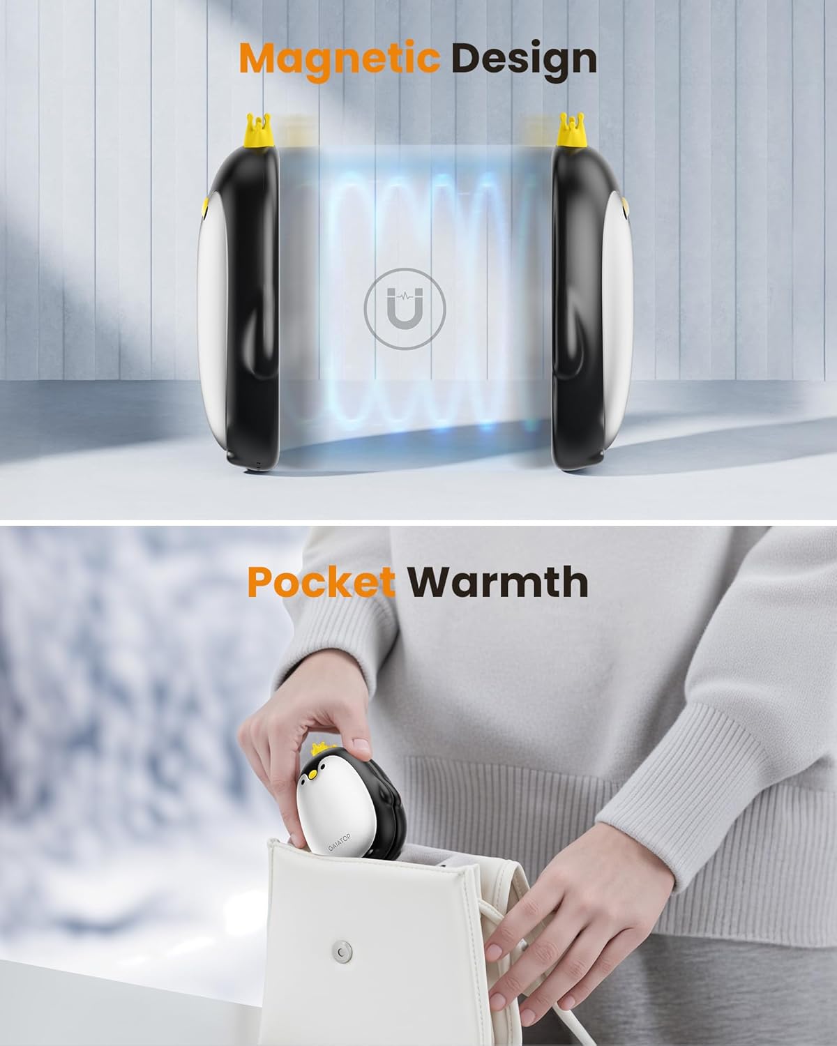 Gaiatop Magnetic Hand Warmers Rechargeable 2 Pack, 3 Settings Pocket-Sized Cute Penguin, Fast Hot Hands Reusable Portable Electric Heater for Camping Hunting Golf, Gifts for Women Men