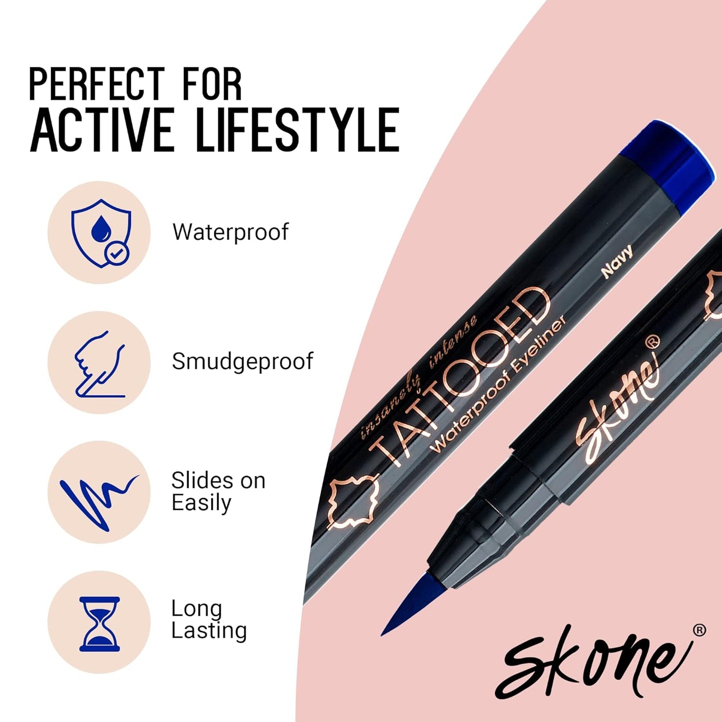 Skone Cosmetics Insanely Intense Tattooed Eyeliner Pen - Waterproof Liquid Eyeliner, Long Lasting, Sweat Proof, Smudge Proof Felt Tip Liquid Eyeliner - Pigmented Eye Liner Makeup - Navy (0.07oz)