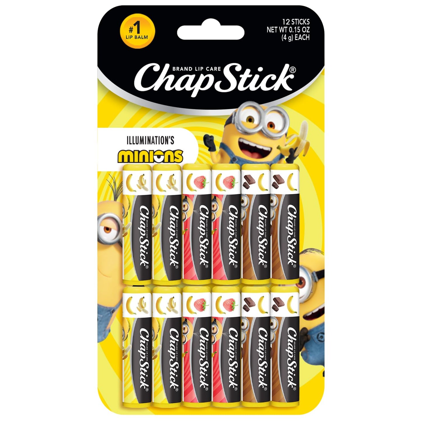 ChapStick Lip Balm, Minions Banana Variety Packs (12 Sticks), Party Favors for Kids, 0.15 Oz Ea