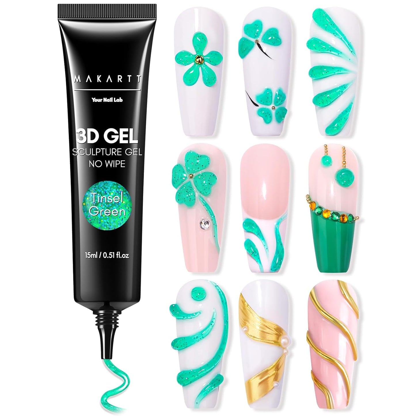 Makartt 3D Gel Nail Art- 3D Nail Gel Sculpting Gel for Nail Designs 15ml 3 in 1 No Wipe Polish for Drawing Carving Nails Molding Gels for Nail Decoration Charms- Tinsel Green