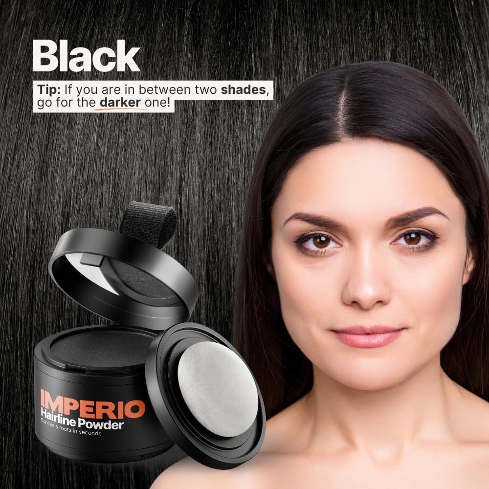 IMPERIO Root Touch Up Hair Powder for Concealing Hair Loss instantly, Hairline Powder for Women & Men, Water resistant Root Cover Up for Thinning Hair in Premium Hairdressing Quality (Black)