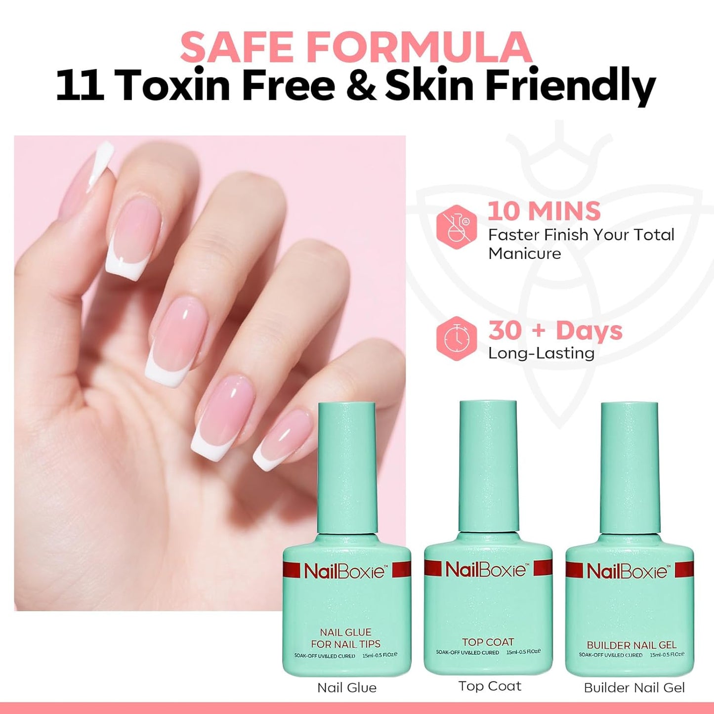 Gel Nail Kit, Top Coat, Nail Builder Gel and Nail Glue for Nail Tips, Press On Nails Kit with LED Light, 150 PCS Long Pink Square, 15 Sizes French Tip Press on Nails