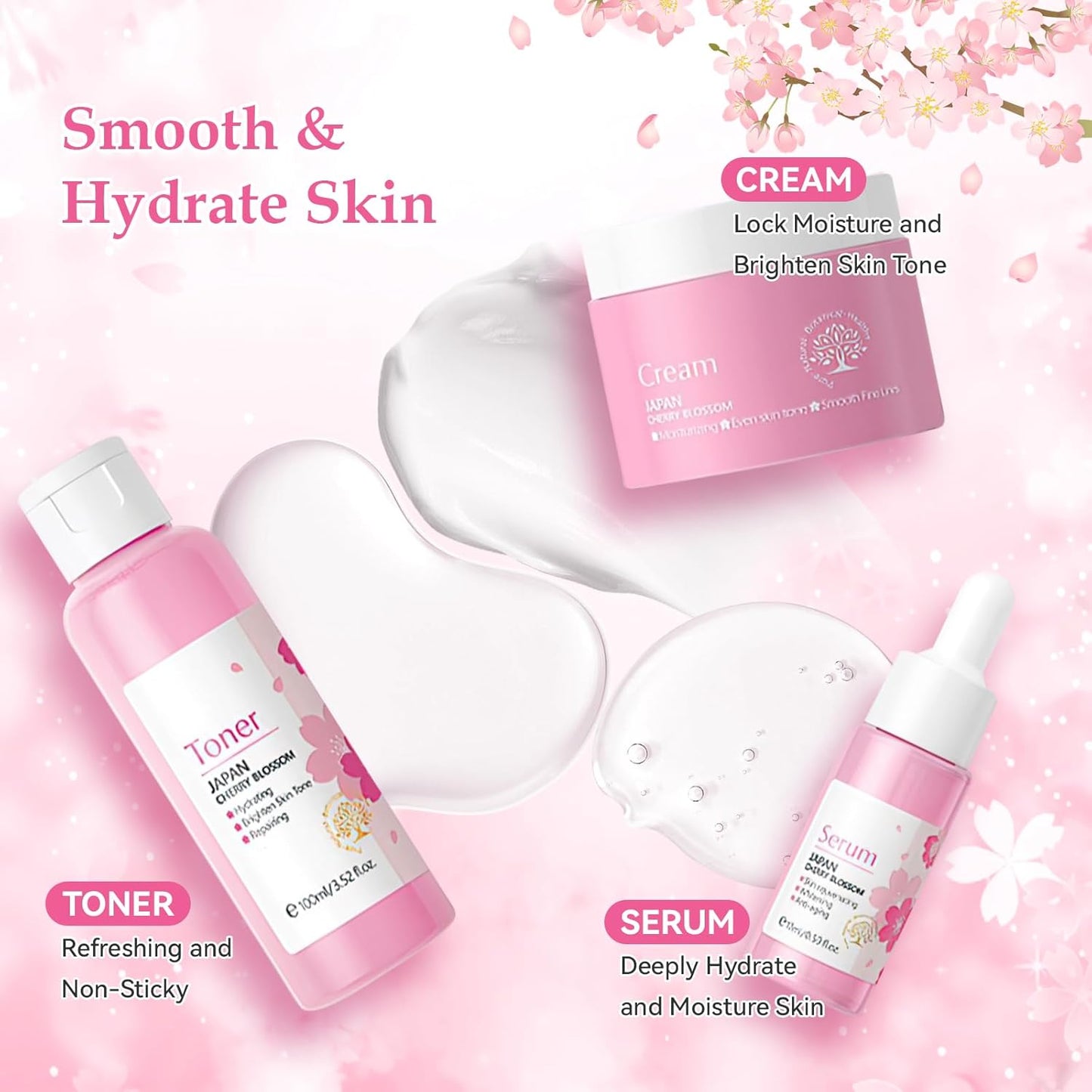 Skin Care Set, Cherry Blossom Skin Care Sets & Kits, Skin Care for Teenage Girls Gift Set with Cleanser, Toner, Serum, Eye Cream, Facial Cream, Facial Skin Care Sets & Kits for Teenage Girls Women