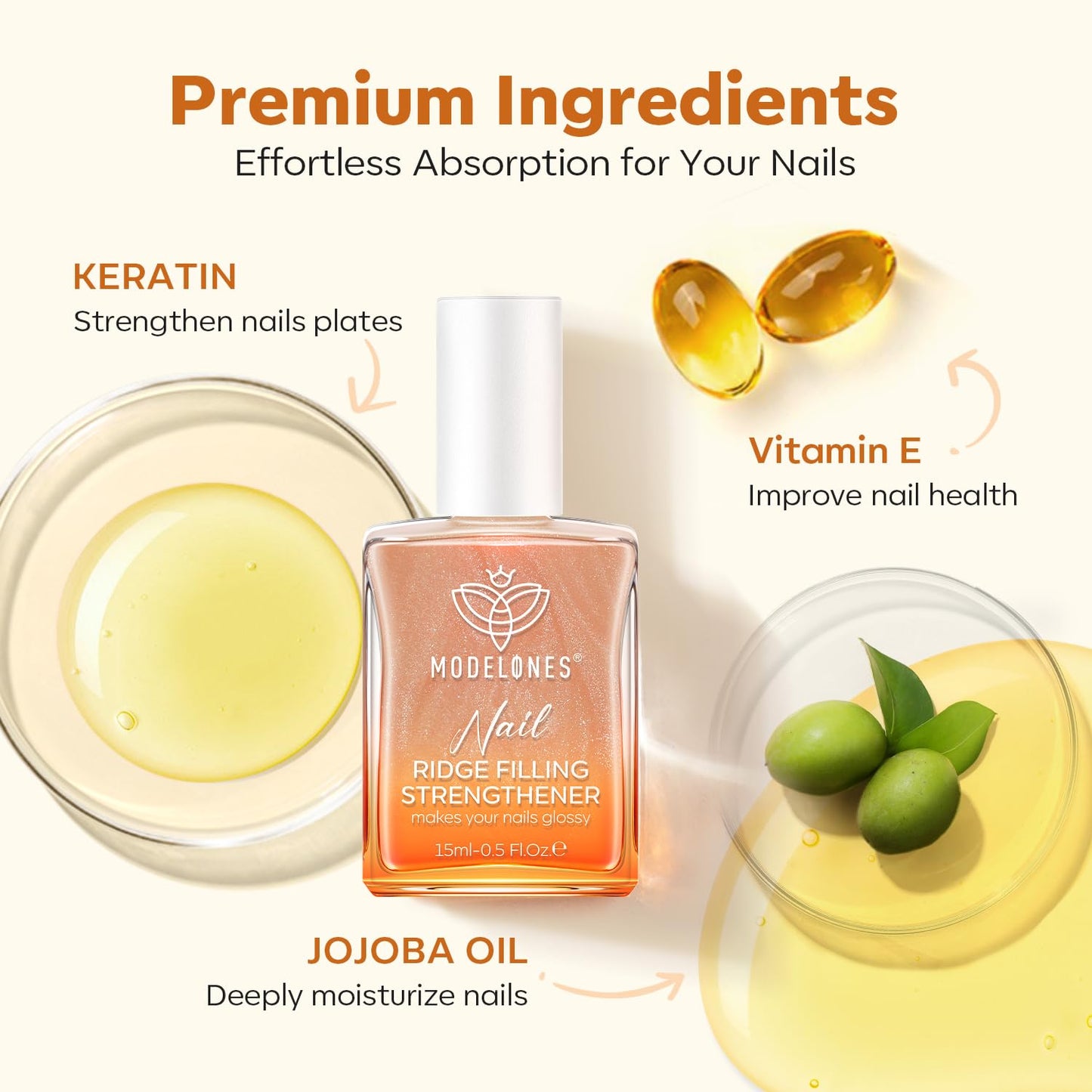 modelones Nail Strengthener, 8-in-One Nail Ridge Filler Base Coat Nail Polish Repair Nail Growth Treatment for Thin and Damaged Nails, Sparkling Champagne, 15ml