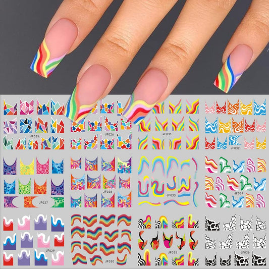 12 Sheets Colorful Stripes Nail Art Stickers Geometric Rainbow Wave Design Water Transfer Nail Decals for Nails Art Abstract French Pattern Acrylic Slider Nail Foils for Women Manicure Nail Decor