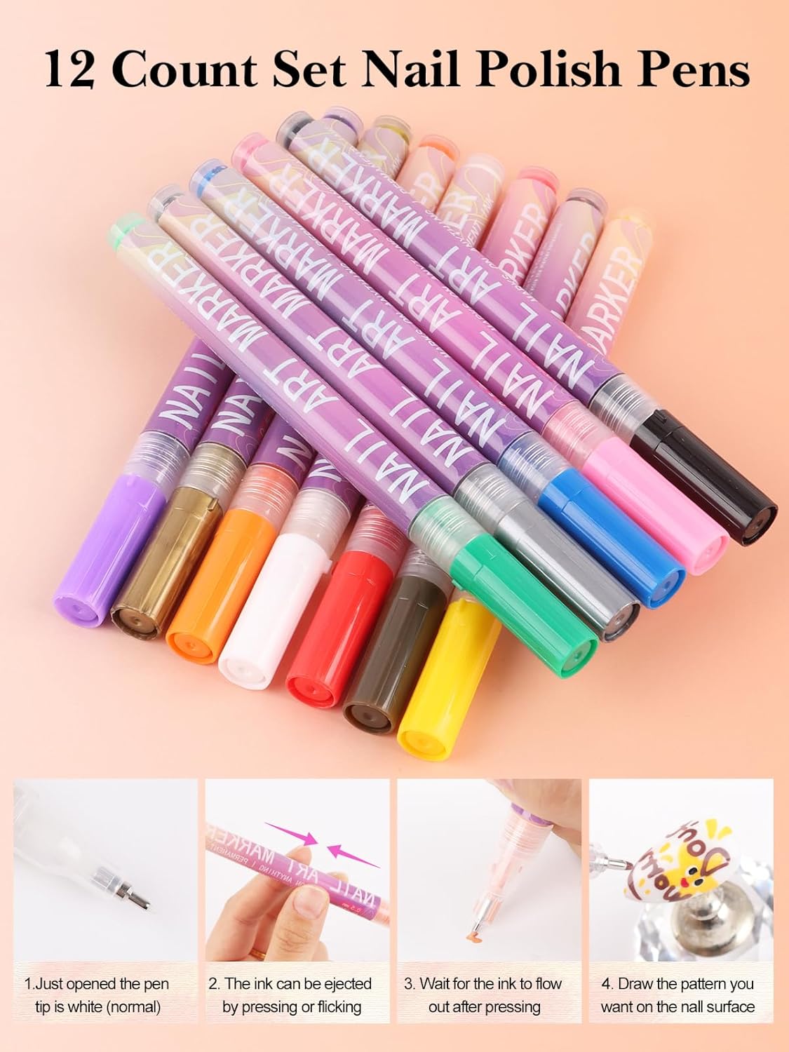 12 Colors 3D Nail Art Pens, Fine Tips 0.5 MM Nail Polish Pens Quick-Drying EBANKU Acrylic Nail Paint Point Dotting Liner Pen Tools for Home & Salon Manicure DIY