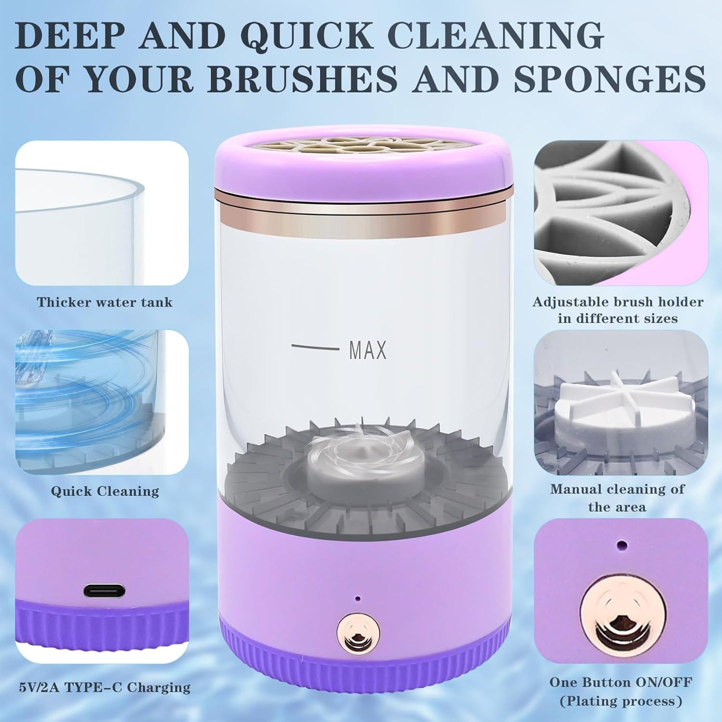 Makeup Brush Cleaner,Low noise and 8000 RPM Electric Makeup Brush Cleaner Machine for Deep Cleaning,Automatic Spinning Cosmetic Brush Cleaner for All Size Makeup Brushes and Sponges(purple)