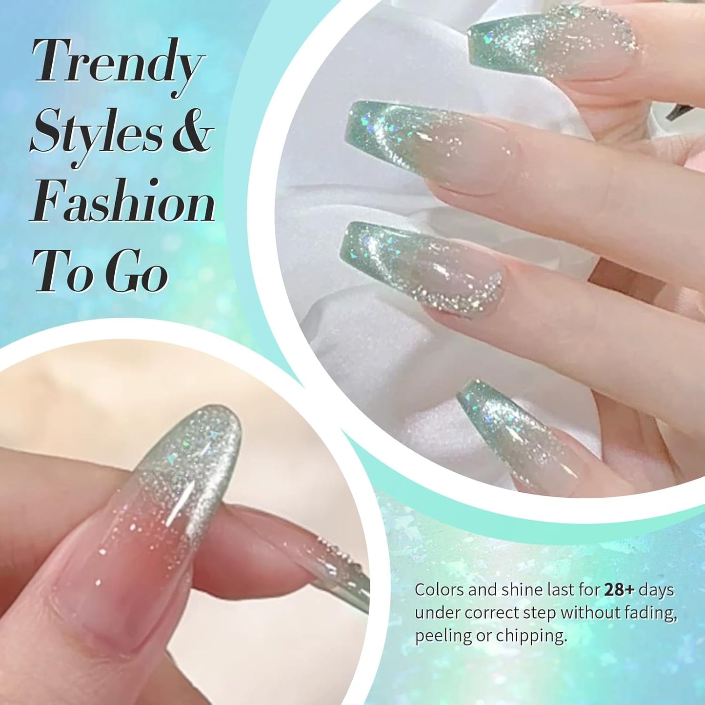 Born Pretty Green Cat Magnetic Eye Gel Nail Polish Shimmer Glitter Flakes Holographic Aurora Mint Green Magnetic Gel Polish Nail Art Manicure DIY at Home 15ML