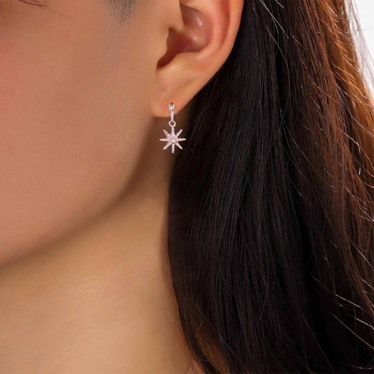 Boho Crystal Sunburst Earrings Rose Gold Star Drop Stud Earrings Cz Paved Starbust Earrings Celestial Earrings Jewelry for Women and Girls