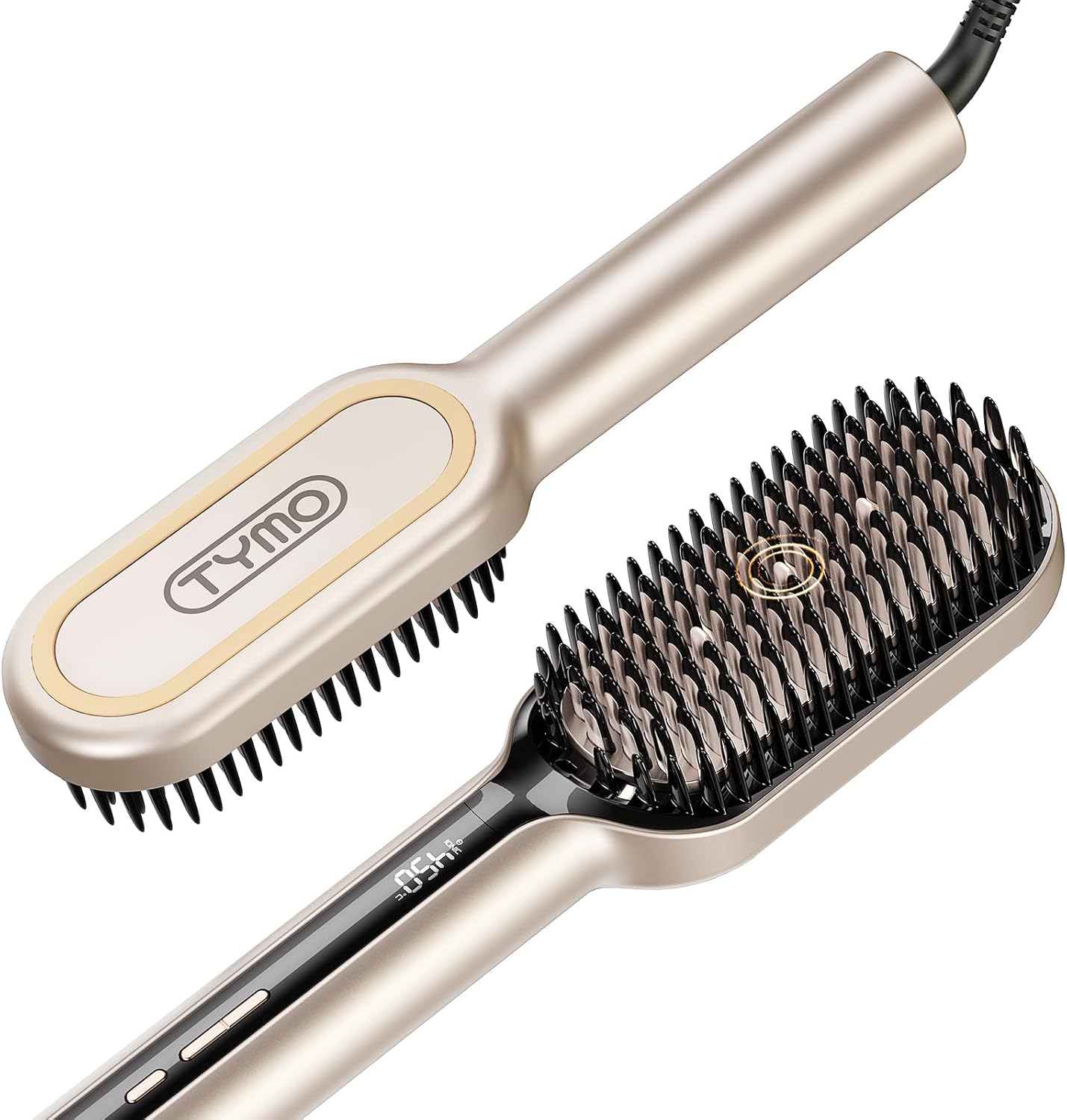 TYMO Hair Straightener Brush - Upgraded Ionic Plus Straightening Brush with Dense Bristles, 16 Temps, Dual Voltage | Ceramic Hot Comb for Women | Flat Iron for Thick Curly Hair, Gold