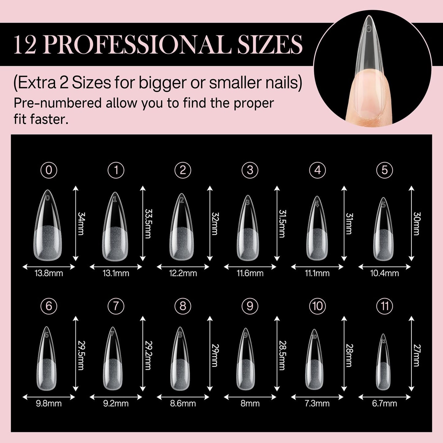 Long Amond Nail Tips: 504pcs Stiletto Gel Nails Tips Half Matte Full Cover Clear False Fake Nails for DIY Nail Art Press On Nails Acrylic Extensions 12 Sizes