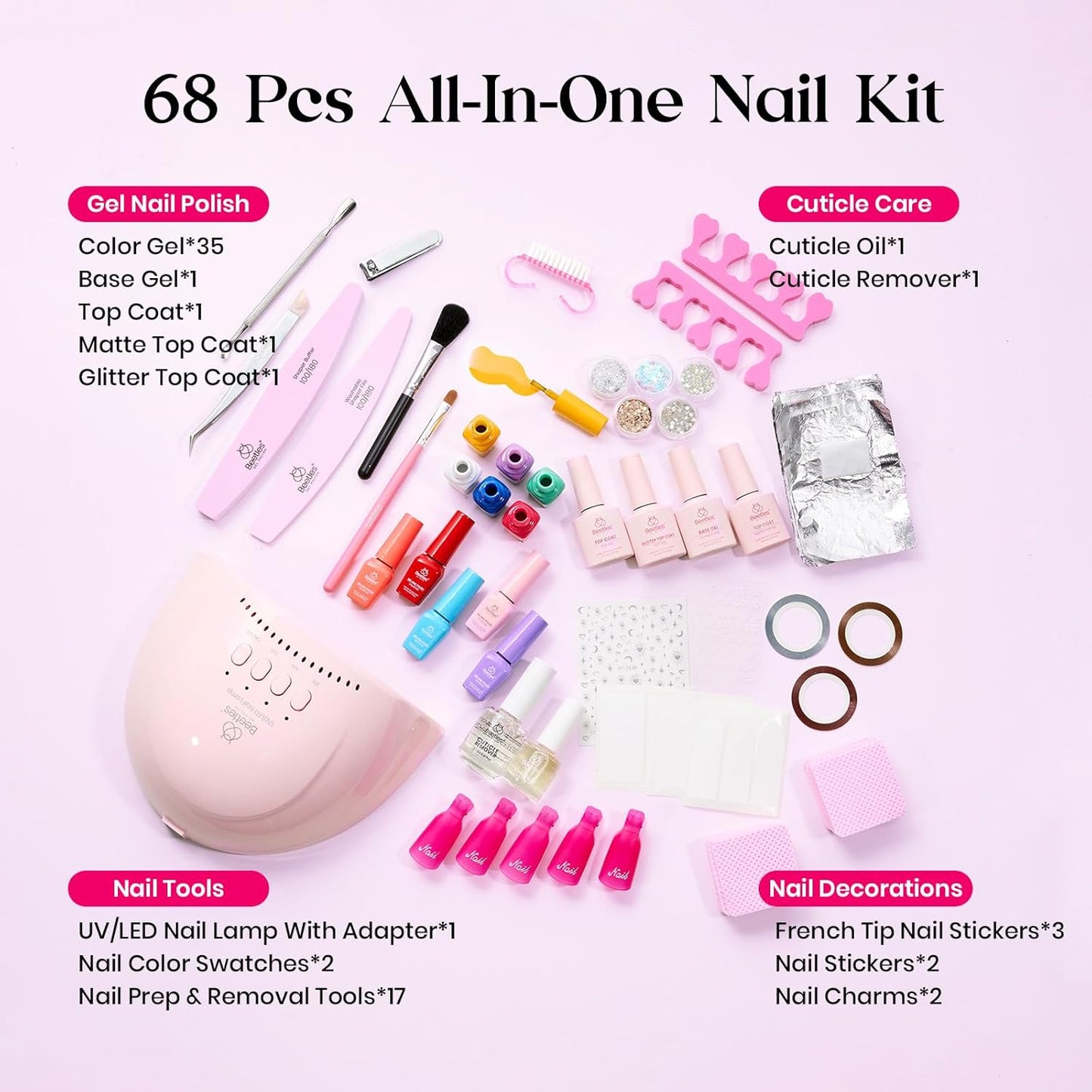 Beetles Gel Nail Polish Kit with U V Light - One Color One Bottle 35 Colors Mood Mosaic Collection Nail Polish Kit 68 Pcs Gifts for Women Girls with Top Base Coat Beauty Must Have DIY Salon Set