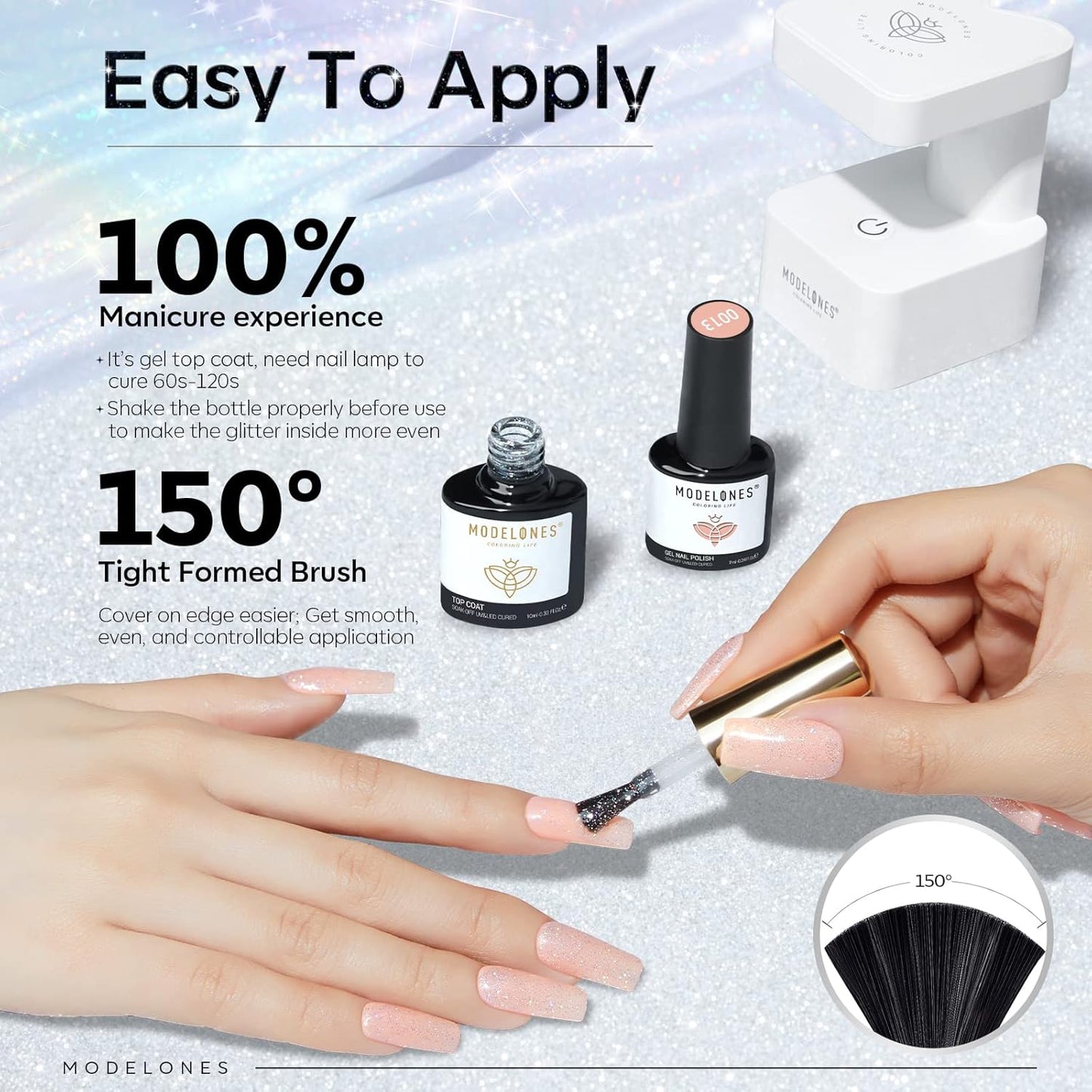 Modelones Glitter Gel Top Coat, Iridescent Silver Mix Glitter Gel Polish No Wipe Top Coat Glossy Sparkly Finish Long Lasting Soak Off Rainbow Shimmer Nail Polish Nail Art Gift, 10ml