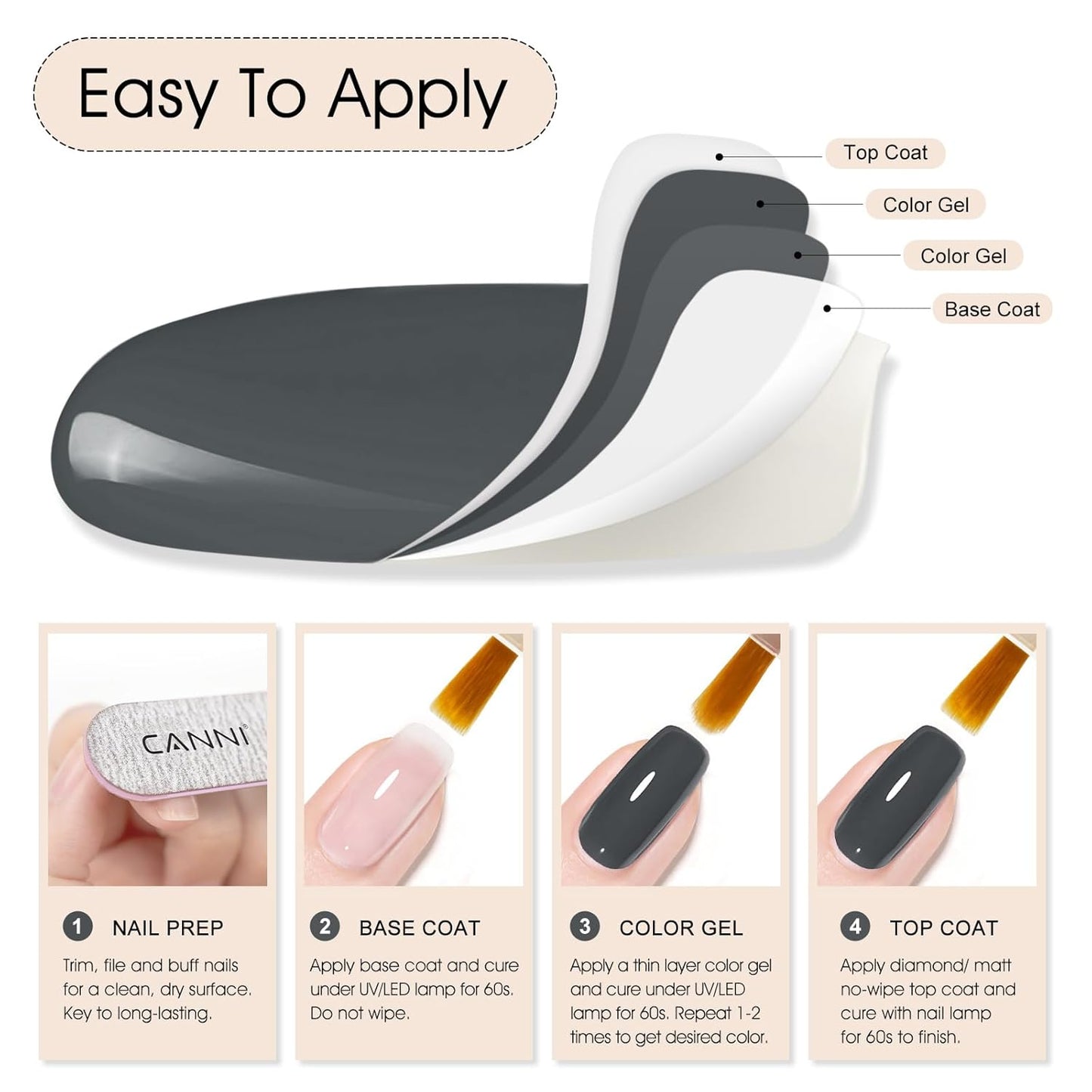 CANNI Gray Gel Nail Polish, 1Pcs Grey Nail Polish Gray Color High Gloss Soak Off U V Gel Nail French Nail Manicure Salon DIY