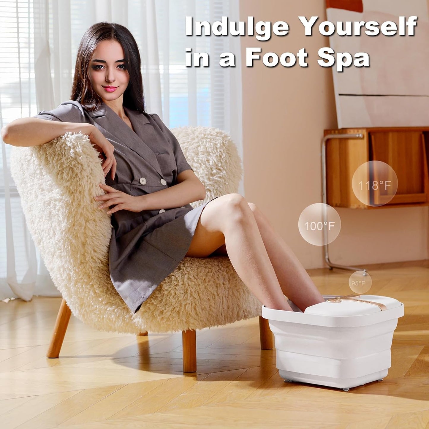 Collapsible Foot Bath Spa with heat and Massage Rollers, Foldable Foot Soak Tub with Bubbles Jets and LED light, Pedicure Foot Spa Massager with Foot Scrubber for Home Use (White)